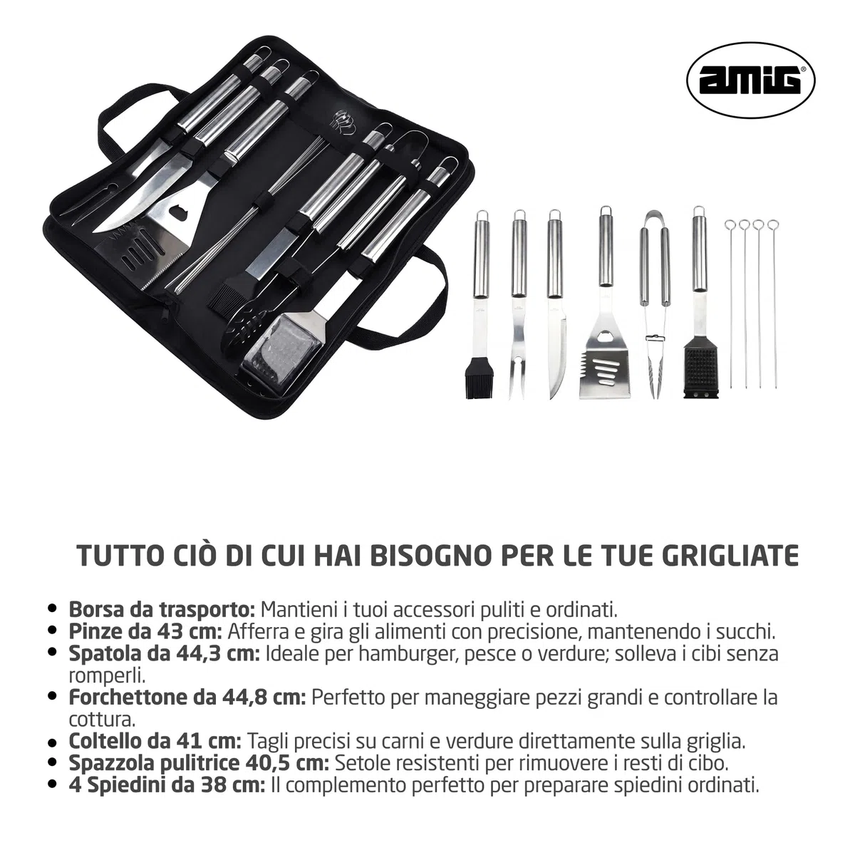 Amig - Kit 10 Accessori per Barbecue - Acciaio Inossidabile - Set Completo di Utensili - Accessori Pratici e Presentazione Curata per Regalo - Mod. AM03