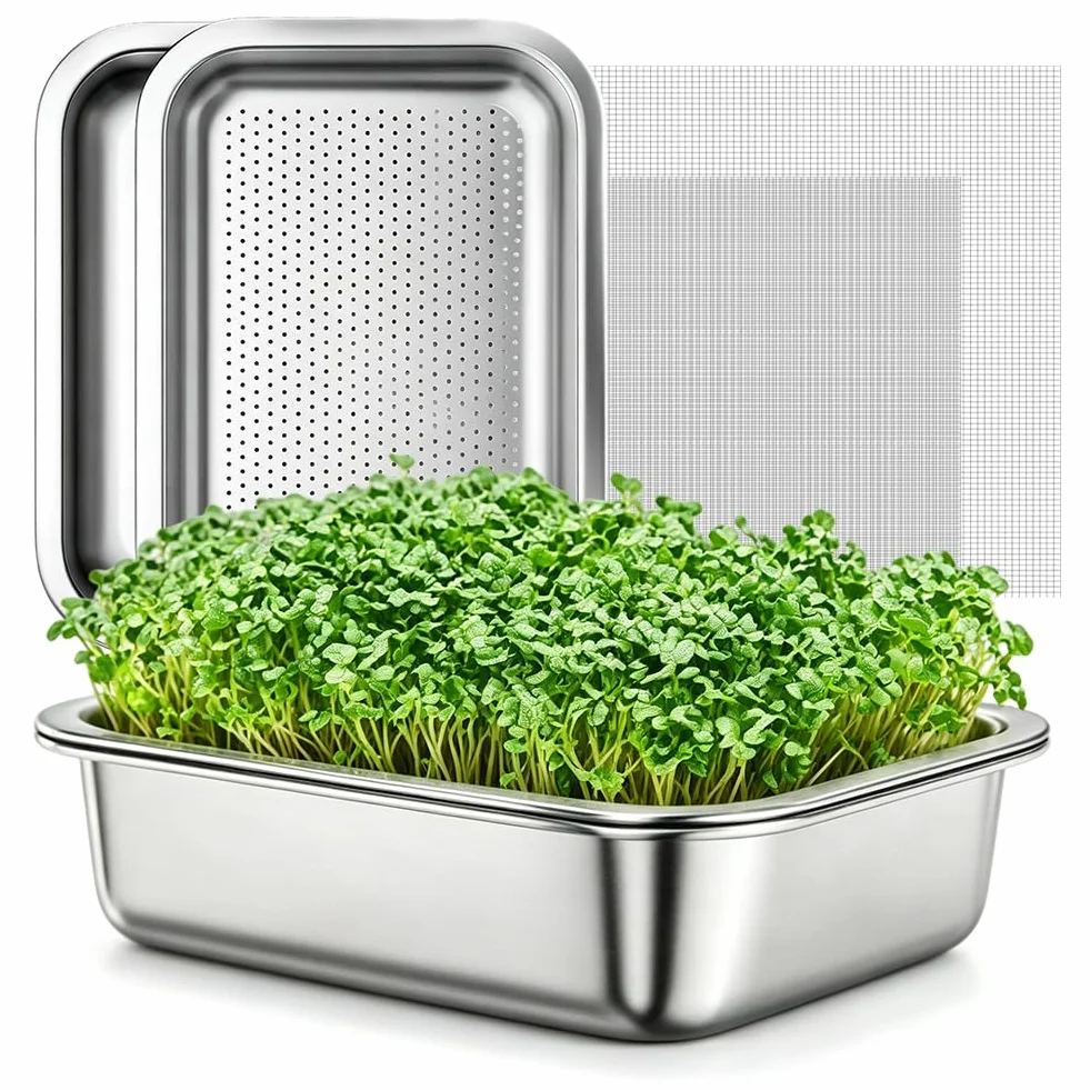 Set di 2 pioli in acciaio inox, 26 x 19 cm, ciotole 2 in 1 per germogli e microverdi, grande vassoio per germogli in acciaio inox, lavabile in lavastoviglie, ciotola riutilizzabile per la casa