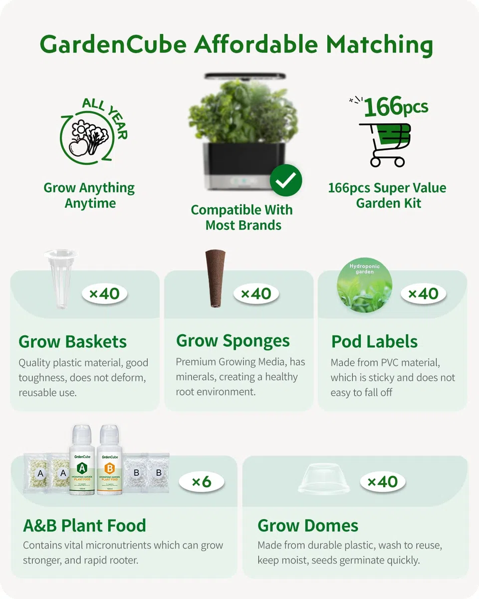 GARDENCUBE Kit di 166 cialde idroponiche: compatibile con Aerogarden Grow Anything Herb Kits – Include spugne da coltivazione, cestini da coltivazione, etichette per cupole, alimenti per piante A&B