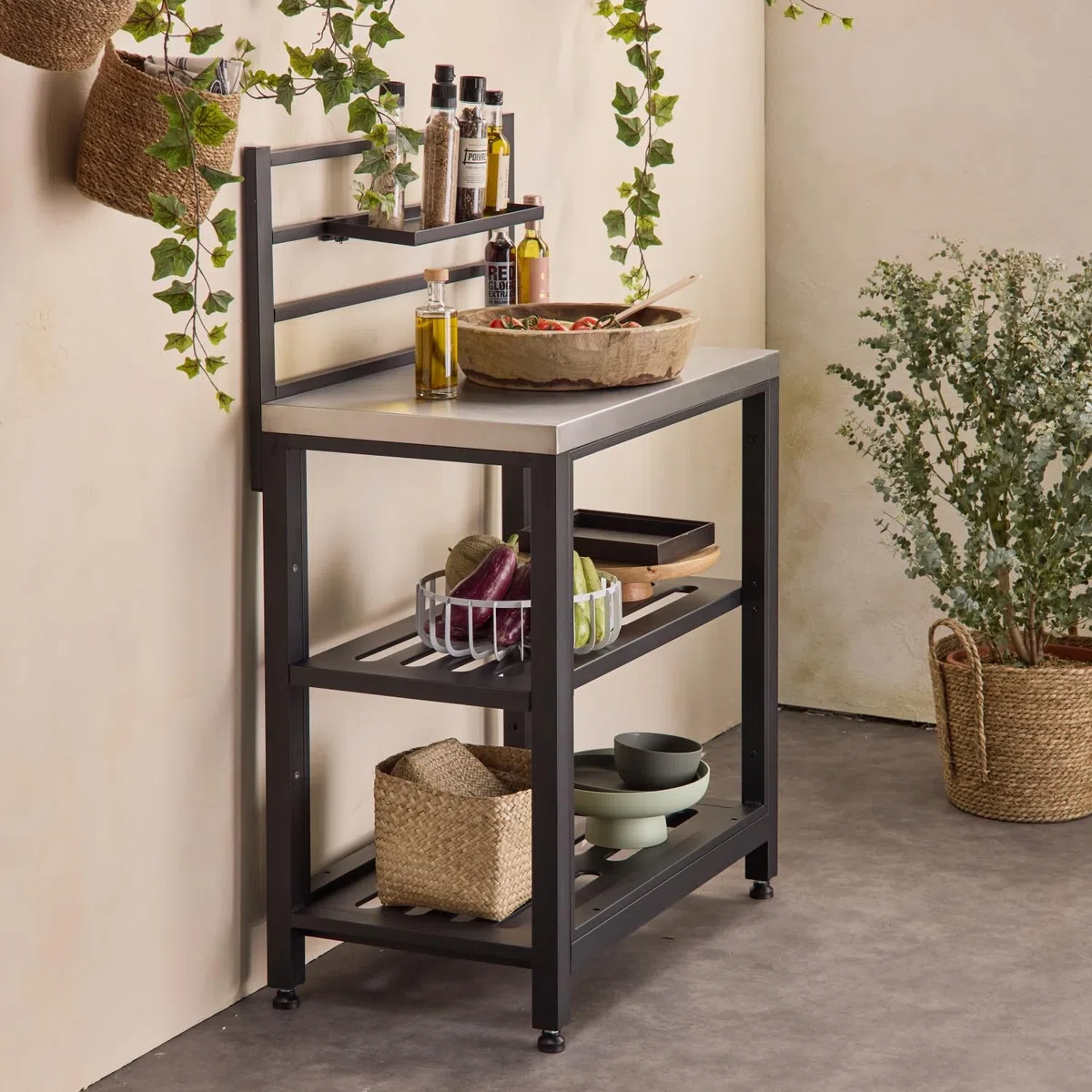 Modulo cucina da esterno in acciaio 2 ripiani, 80cm Nero - 48x80x124 cm