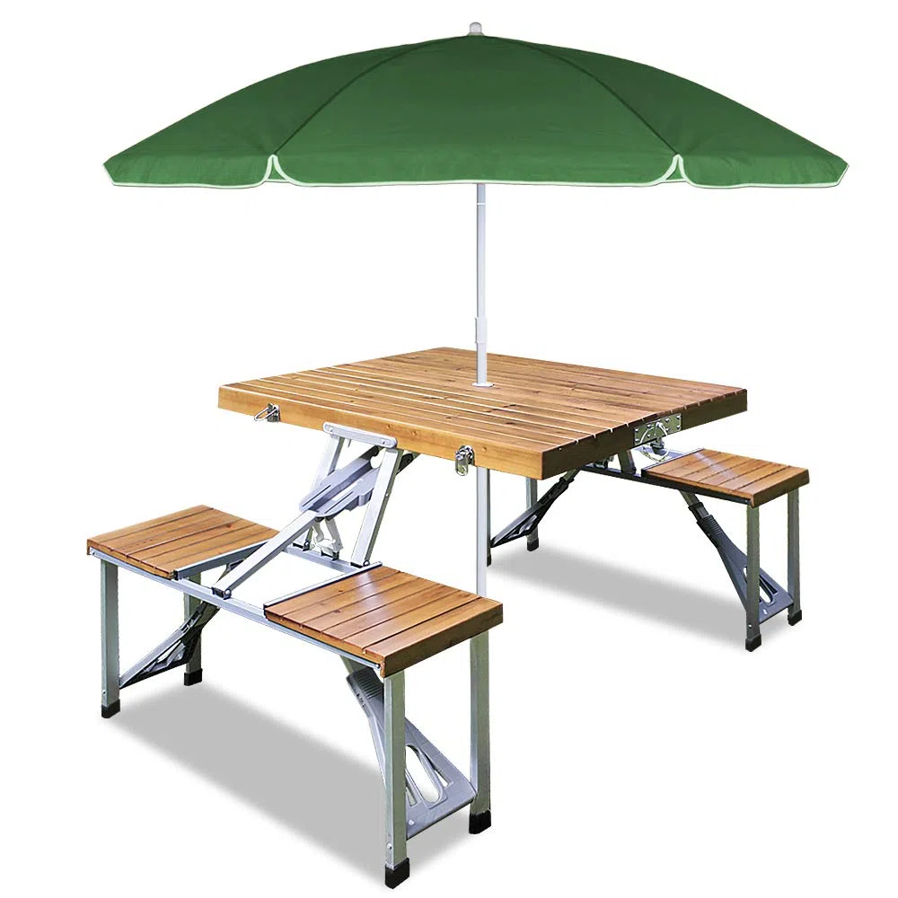 Deuba Casaria Tavolo Pieghevole con 2 Panche Set da Campeggio Picnic Portatile a Valigetta in Alluminio con Foro Ombrellone Maniglia per Trasporto 4 Posti Mare Spiaggia