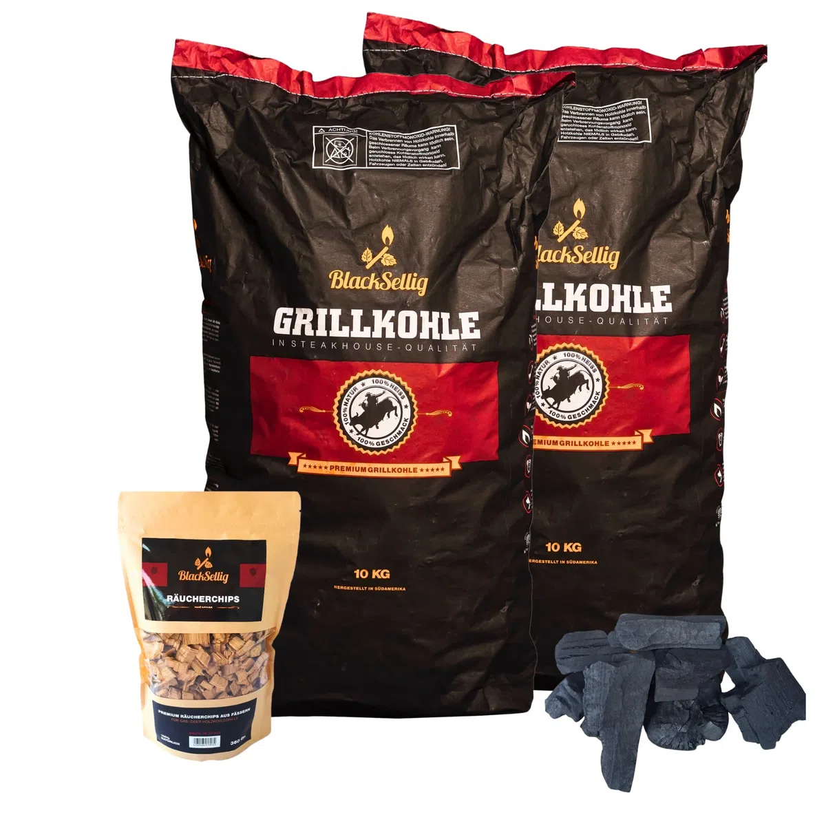 Carbonella per barbecue Steakhouse - Carbone Premium Quebracho Blanco | Lunga durata | Alta temperatura | Bassa produzione di fumo (20 kg + 360 g di chip per affumicatore)