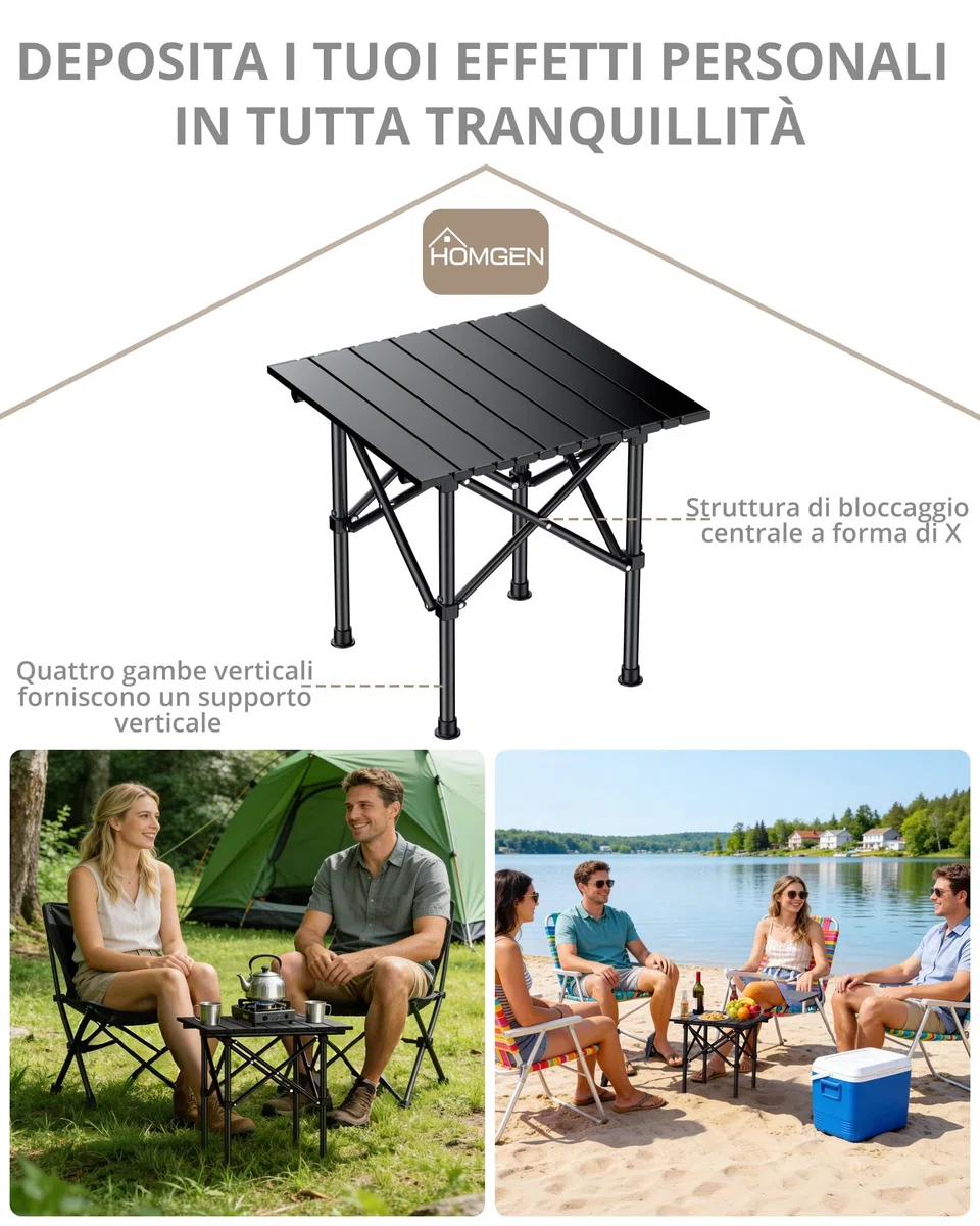 HOMGEN Tavolino Pieghevole da Campeggio in Acciaio Carbonio 40x40x40cm, Stabile Anti-Shake, Montaggio in 3 Passaggi, Ultraleggero 1.7kg, Portatile per Spiaggia Balcone Picnic con Borsa di Stoccaggio