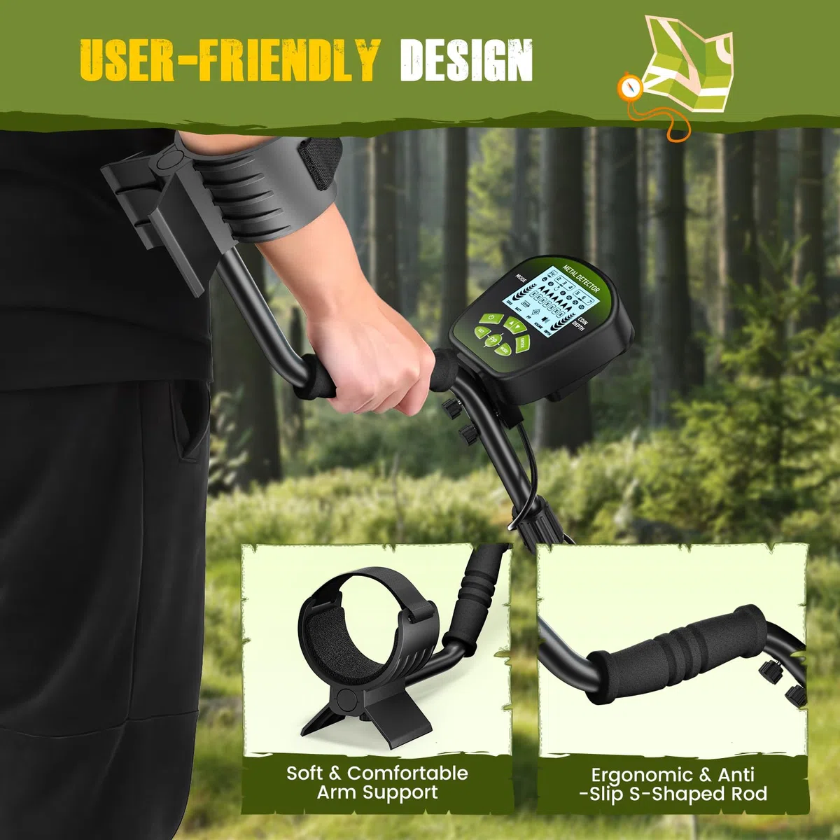 Metal Detector per Adulti e Bambini, Lunghezza, Sensibilità e Audio Regolabili, Tutte le Modalità Metallo/DISC/PP, Display LCD, Kit Rilevatore Oro Professionale per Spiaggia Giardino