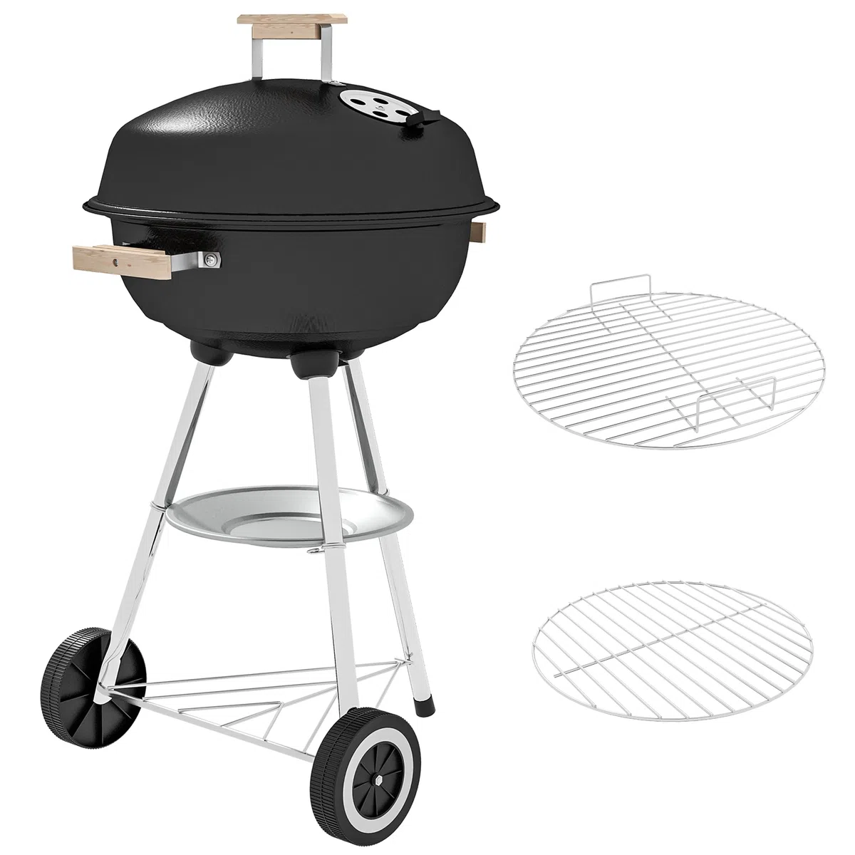 Outsunny Barbecue a Carbonella con Griglia in Metallo, Barbecue da Giardino con Coperchio, Prese d'Aria, Ruote, Raccogli Cenere, Ripiano e Maniglia in Legno, 48x56x94 cm, Nero