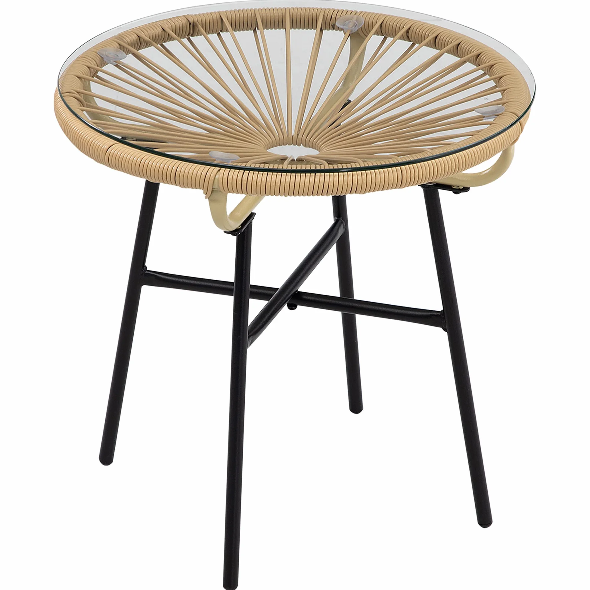 Outsunny Tavolino da Giardino in Rattan PE e Vetro, Tavolino da Caffè Rotondo Stile Boho Chic per Balcone e Terrazza, Ø50x50cm, Beige