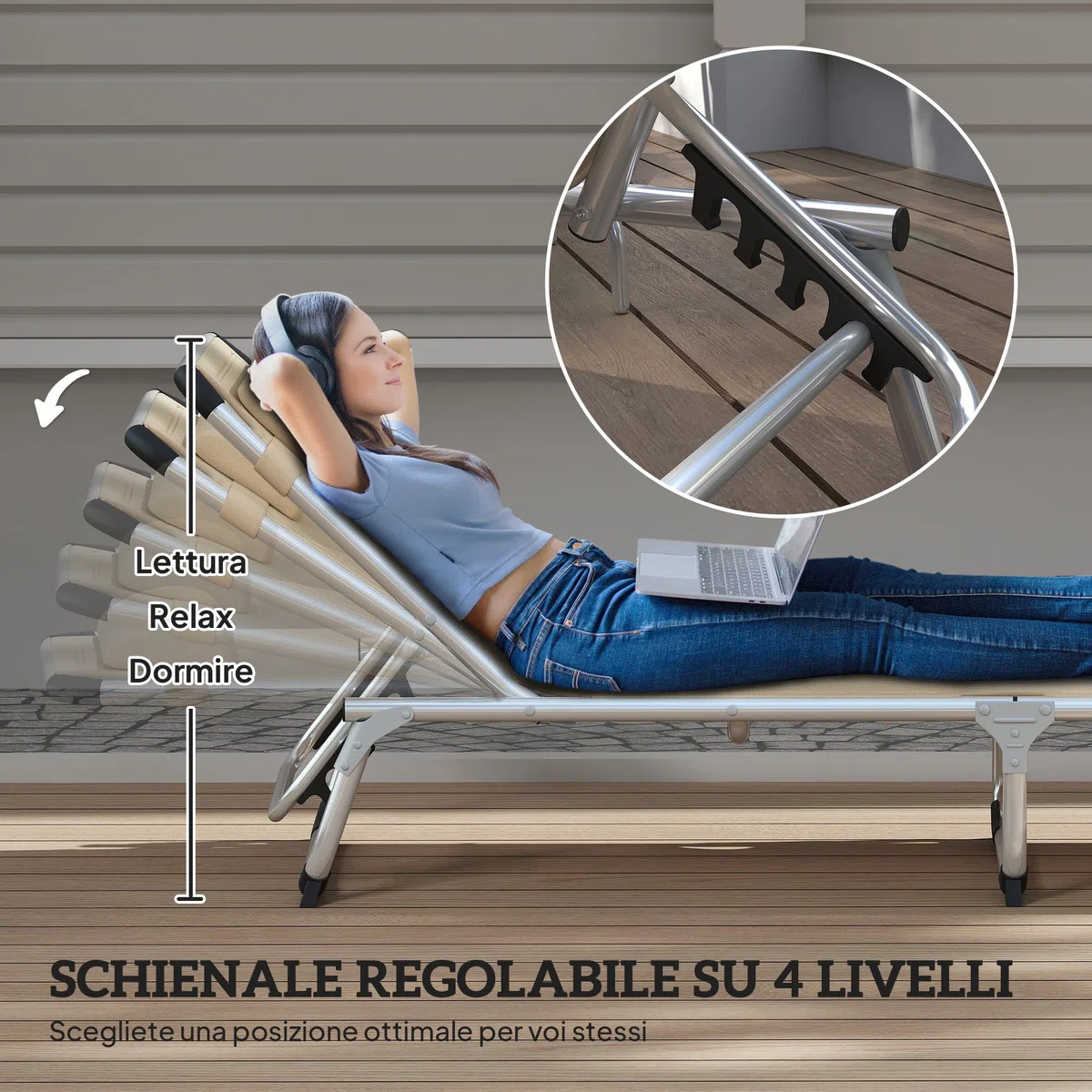 Outsunny Lettino Prendisole Pieghevole con Schienale Reclinabile su 4 Livelli, Sdraio da Giardino con Poggiatesta, in Alluminio e Texteline, per Spiaggia Piscina Giardino, 60x165x76 cm, Beige