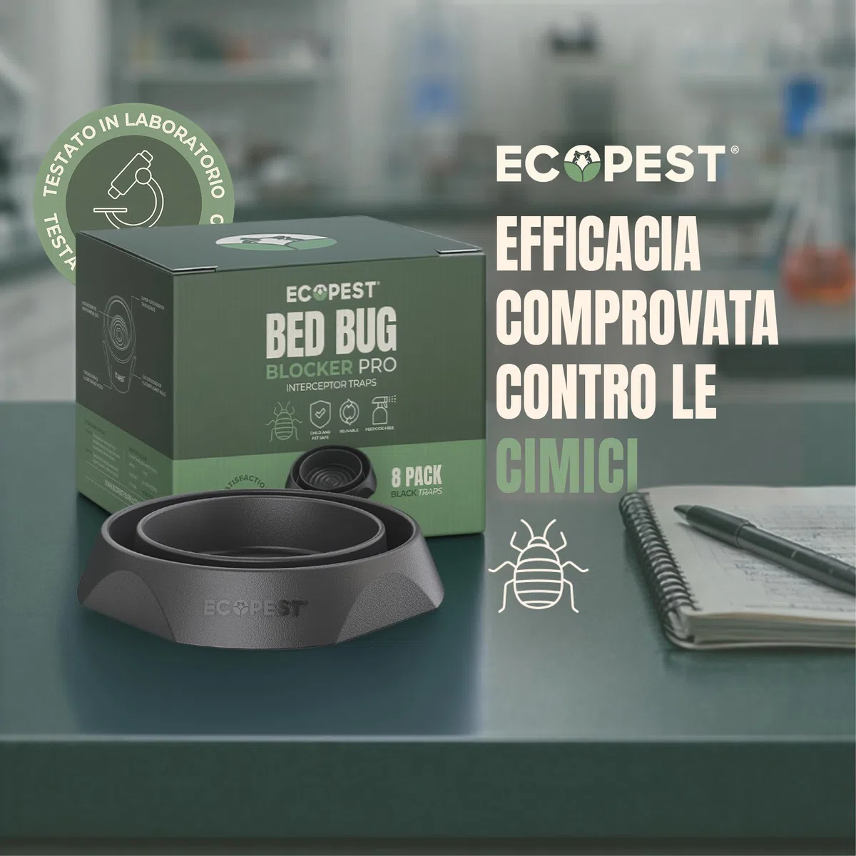 ECOPEST Trappole per Cimici dei Letti – Confezione da 8 | Trappole Intercettatori Bed Bug Blocker (PRO) (Nera) | Monitor, Rilevatore e Trappola per Le Gambe del Letto