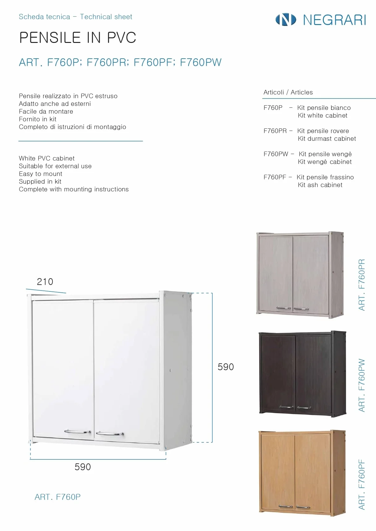 Pensile in PVC F760PFAM in resina PVC, Resistente all'umidità, Fornito in kit di montaggio, Interni/Esterni, 59x21x59 cm, Frassino