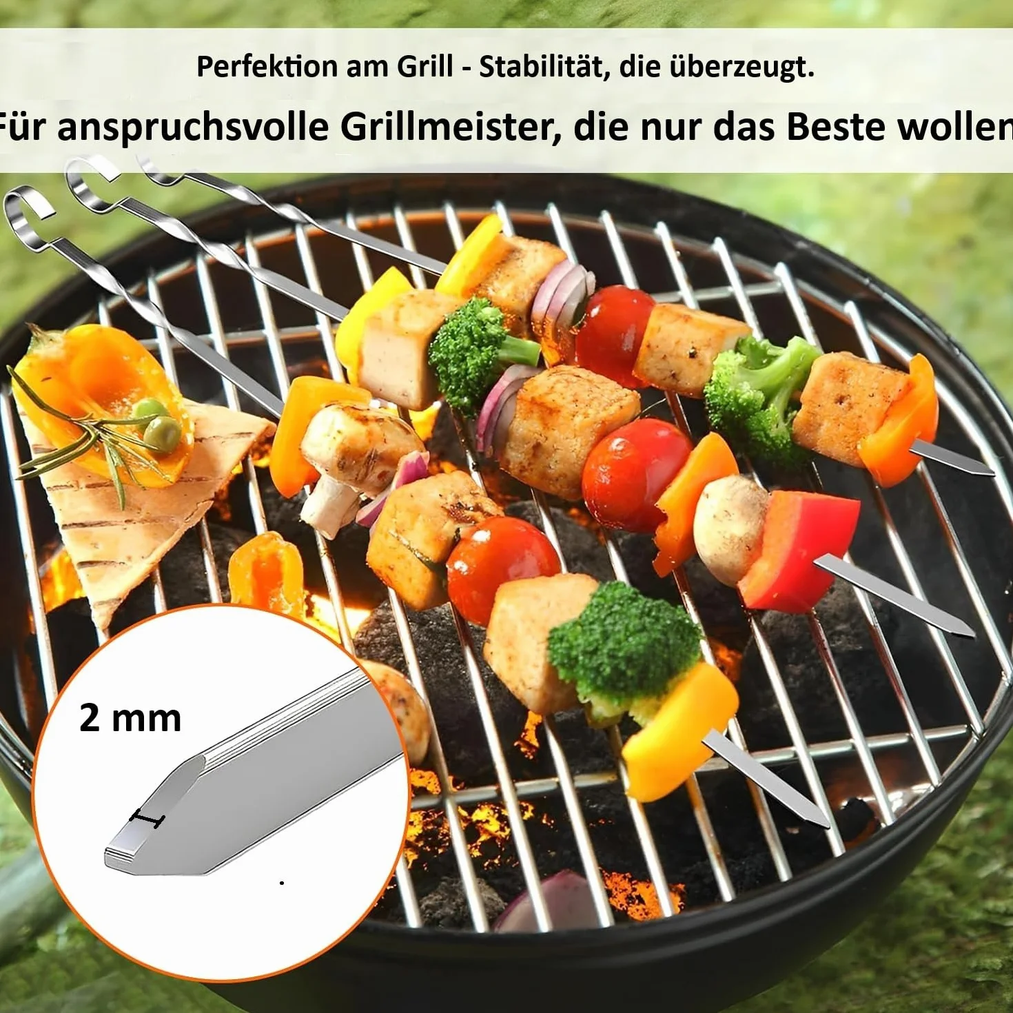 Spiedini per barbecue professionali in acciaio inossidabile, extra larghi: 1 cm e extra resistenti con spessore di 2 mm (20 pezzi, 60 cm) spiedini per carne, spiedini per shashlik, spiedini per mangal