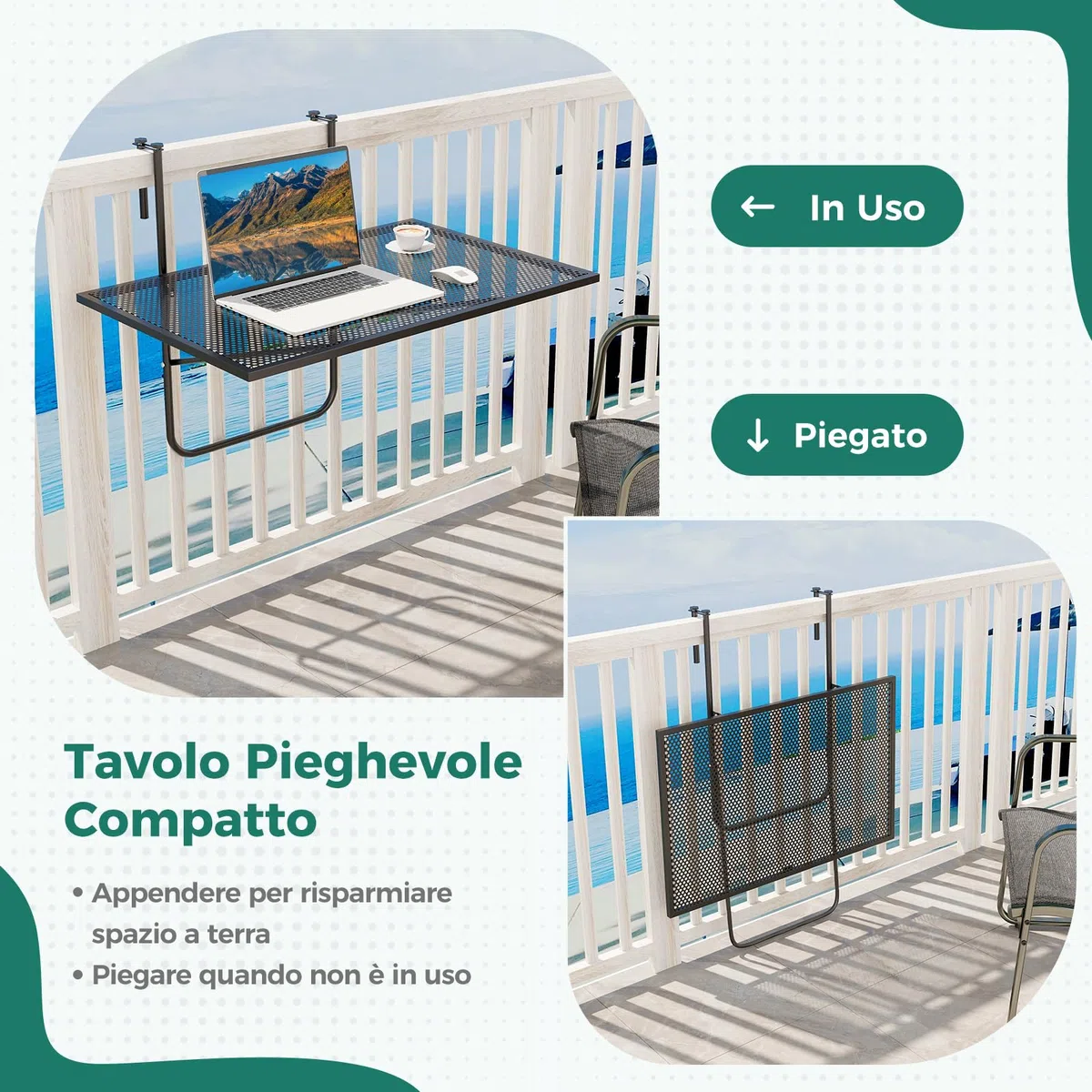 COSTWAY Tavolino da Balcone, Tavolino Sospeso Pieghevole con Struttura in Metallo, Tavolo Salvaspazio da Ringhiera per Patio e Terrazzo, Portata 23 kg, 60,5 x 50,5 x 51 cm