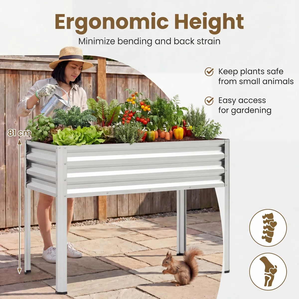 HOMASIS 142L Fioriera Rialzata da Giardino, Orto da Esterno in Metallo con Fori di Drenaggio, Altezza Ergonomica, Piedini Antiscivolo, Letto per Verdure, Fiori e Frutta, 112 x 55 x 81 cm (1, Argento)
