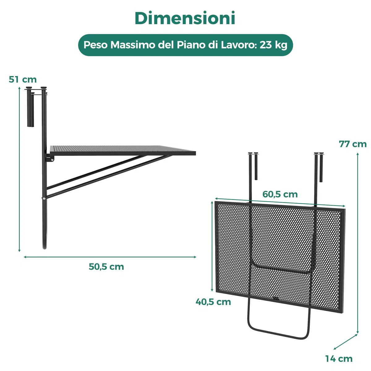 COSTWAY Tavolino da Balcone, Tavolino Sospeso Pieghevole con Struttura in Metallo, Tavolo Salvaspazio da Ringhiera per Patio e Terrazzo, Portata 23 kg, 60,5 x 50,5 x 51 cm