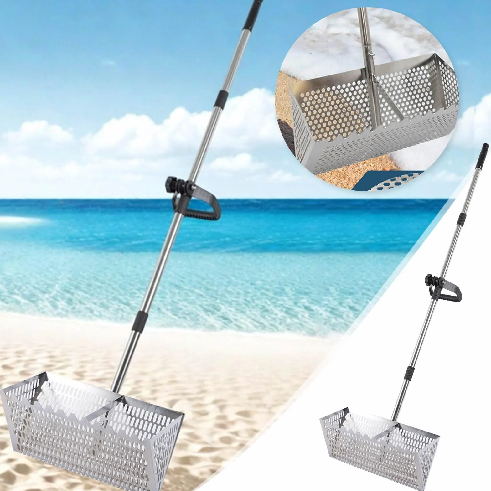 Rastrello per pulci, setaccio per sabbia da spiaggia in acciaio inox con cestello largo da 40 cm a denti di squalo, rastrello resistente con manico lungo rimovibile, per spiaggia, facile da installare