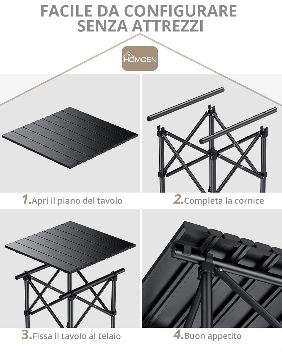 HOMGEN Tavolino Pieghevole da Campeggio in Acciaio Carbonio 40x40x40cm, Stabile Anti-Shake, Montaggio in 3 Passaggi, Ultraleggero 1.7kg, Portatile per Spiaggia Balcone Picnic con Borsa di Stoccaggio