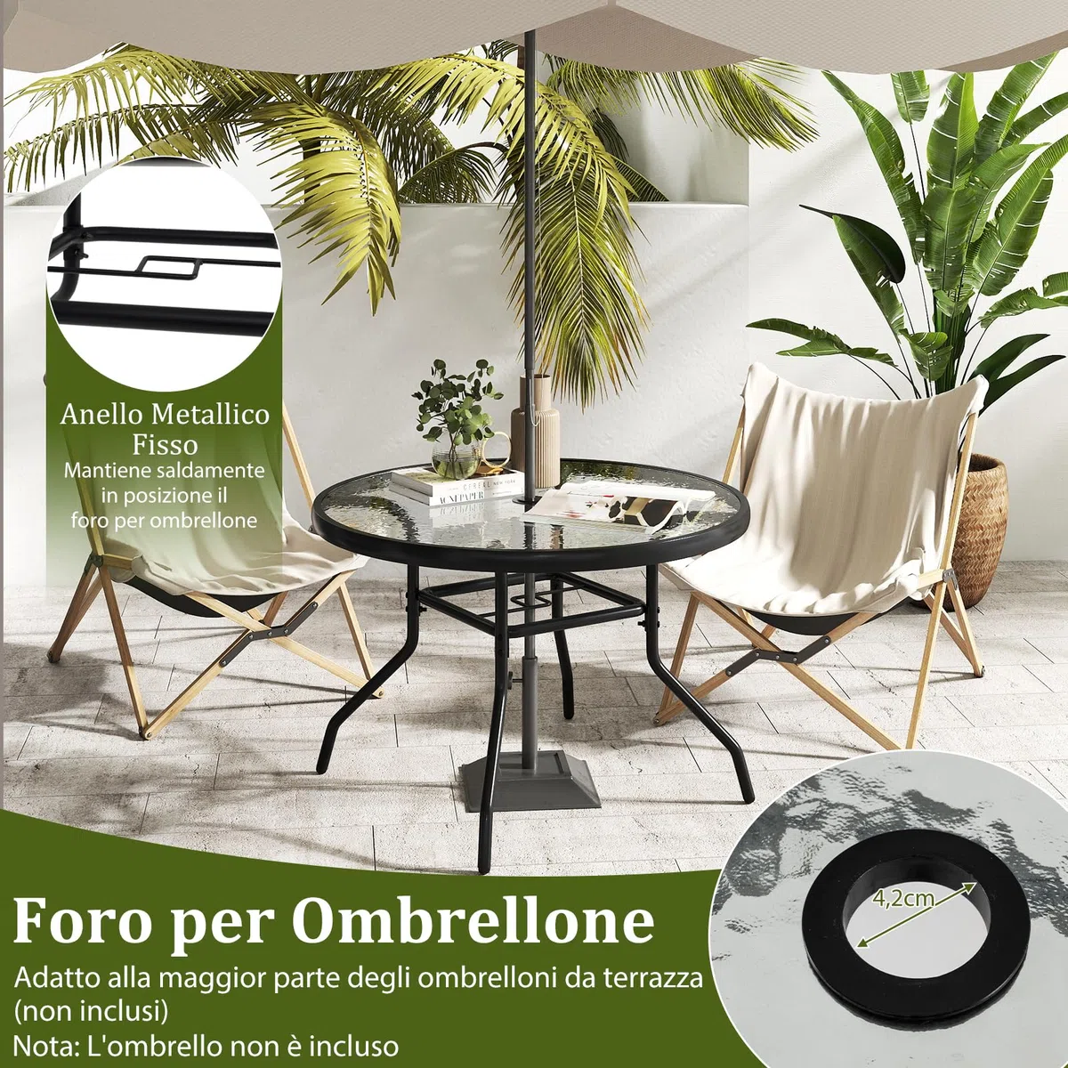 COSTWAY Tavolino Esterno in Metallo e Vetro, Tavolino da Bistro con Foro per Ombrellone 4,2 cm, Tavolo per Giardino Balcone Cortile, Portata 50 kg (70 x 45,5 cm)