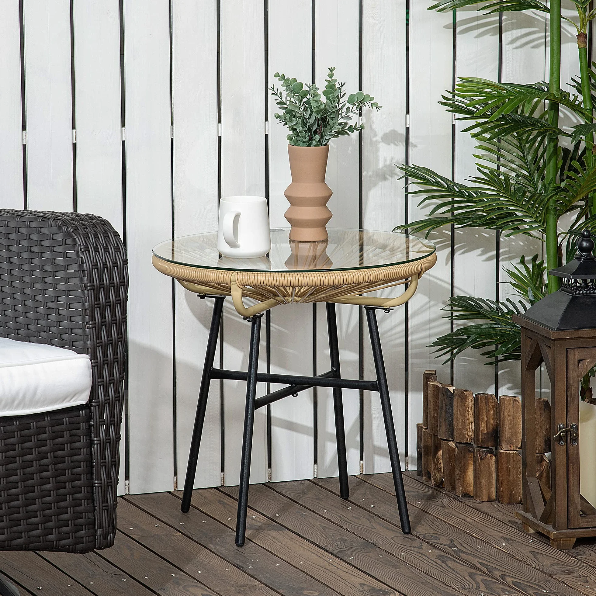 Outsunny Tavolino da Giardino in Rattan PE e Vetro, Tavolino da Caffè Rotondo Stile Boho Chic per Balcone e Terrazza, Ø50x50cm, Beige