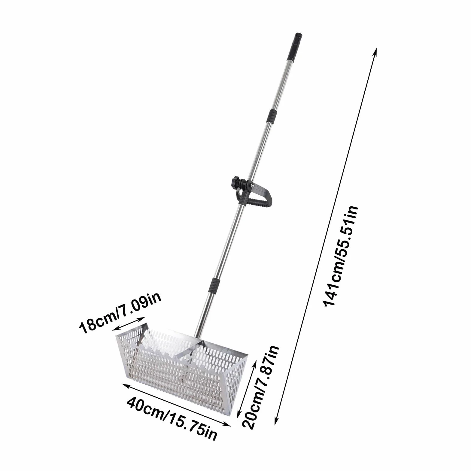 Rastrello per pulci, setaccio per sabbia da spiaggia in acciaio inox con cestello largo da 40 cm a denti di squalo, rastrello resistente con manico lungo rimovibile, per spiaggia, facile da installare